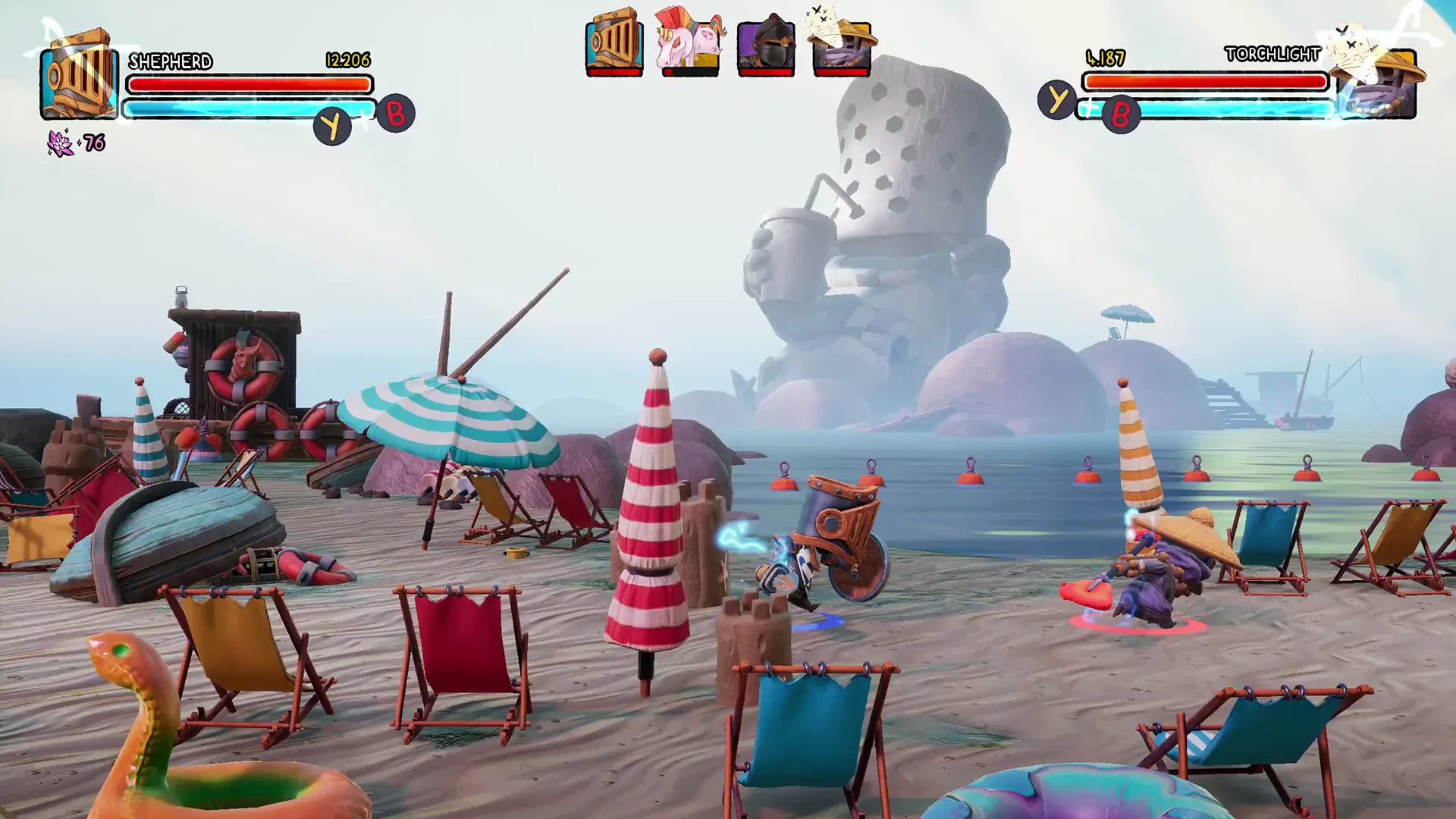 Scène de combat sur la plage dans le jeu arcade coopératif Big Helmet Heroes.