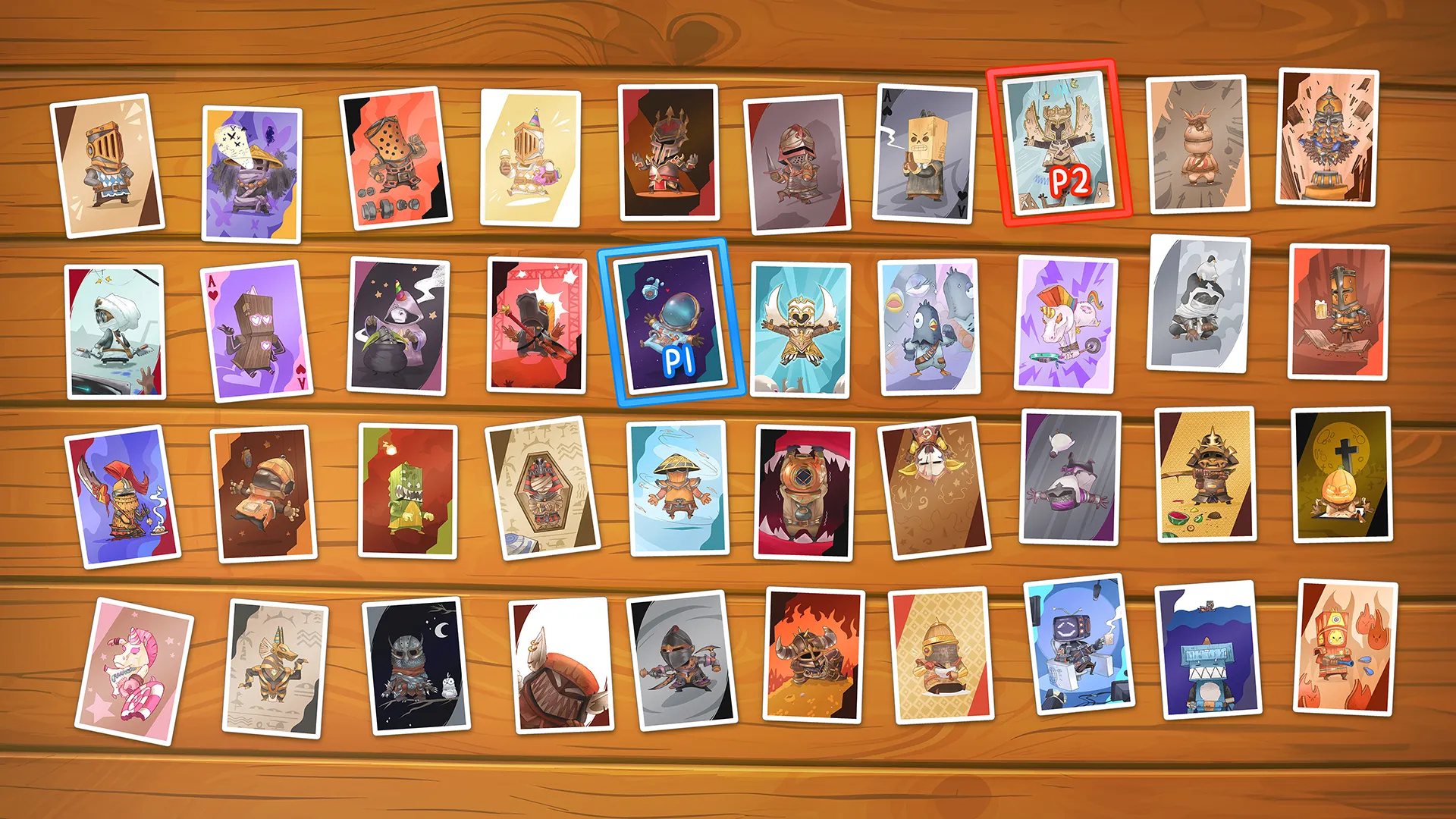 Cartes de personnages dans le jeu vidéo Big Helmet Heroes, mettant en avant la sélection arcade.