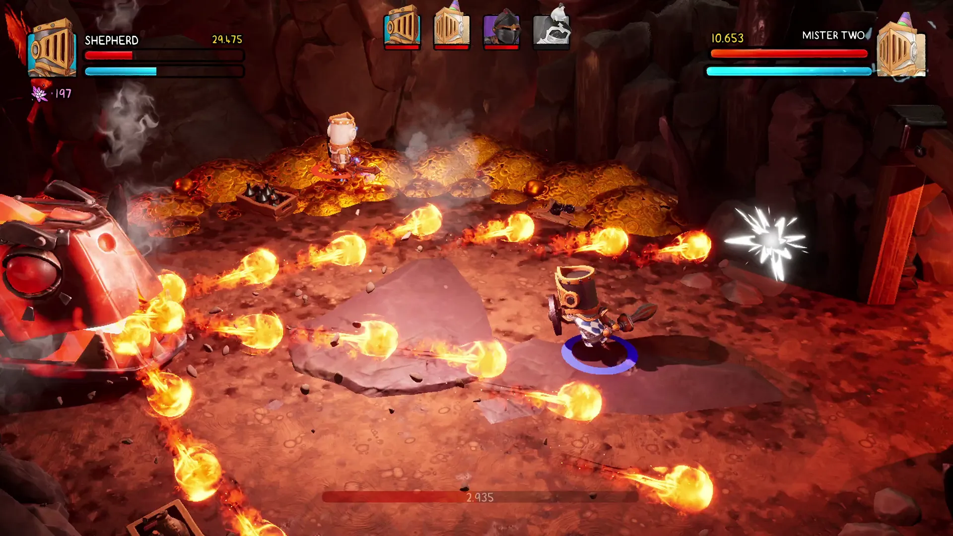 Combat de boules de feu dans le jeu vidéo hack-and-slash Big Helmet Heroes où un chevalier évite des projectiles enflammés.