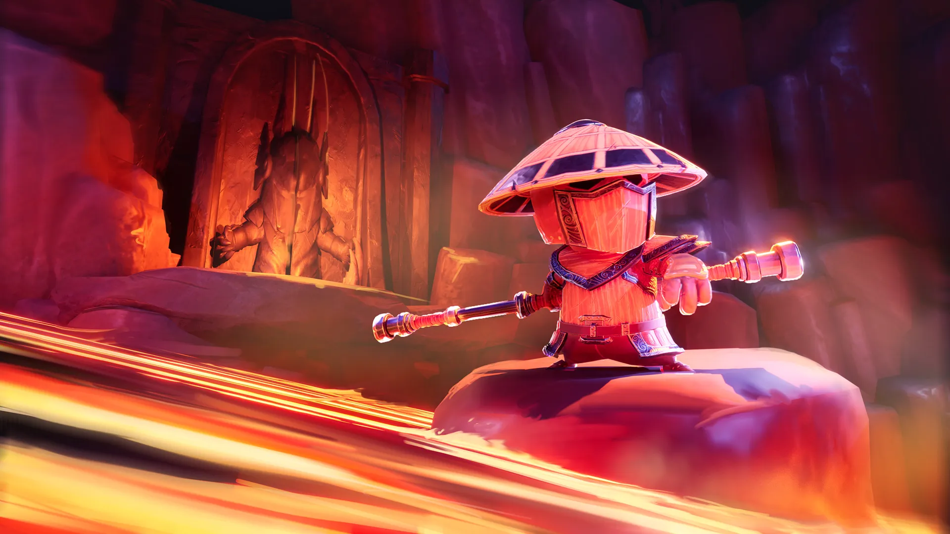 Big Helmet Heroes vidéo game Monk in the fire temple of a hack-and-slash video game, standing ready for battle.