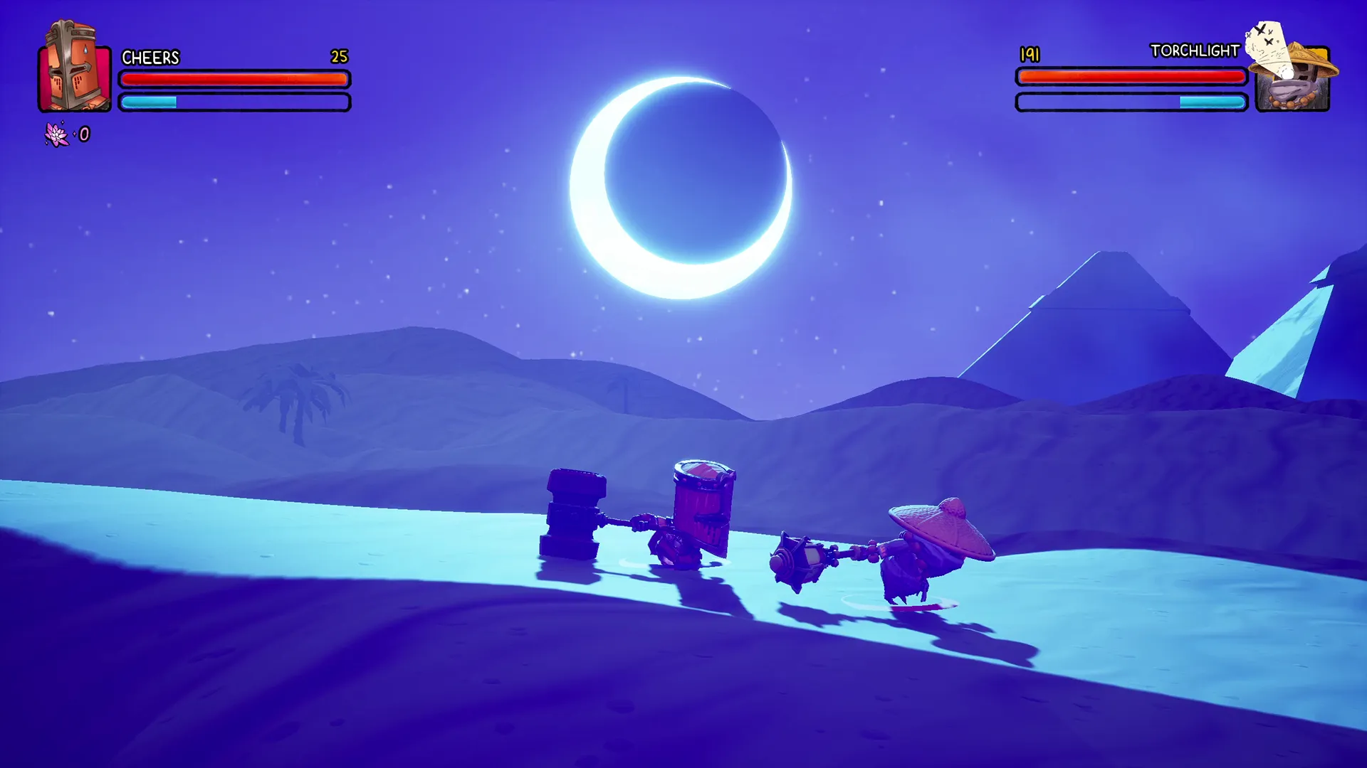 Two characters in big helmet heroes vidéo game walking through a desert at night under a crescent moon in a cooperative scene.