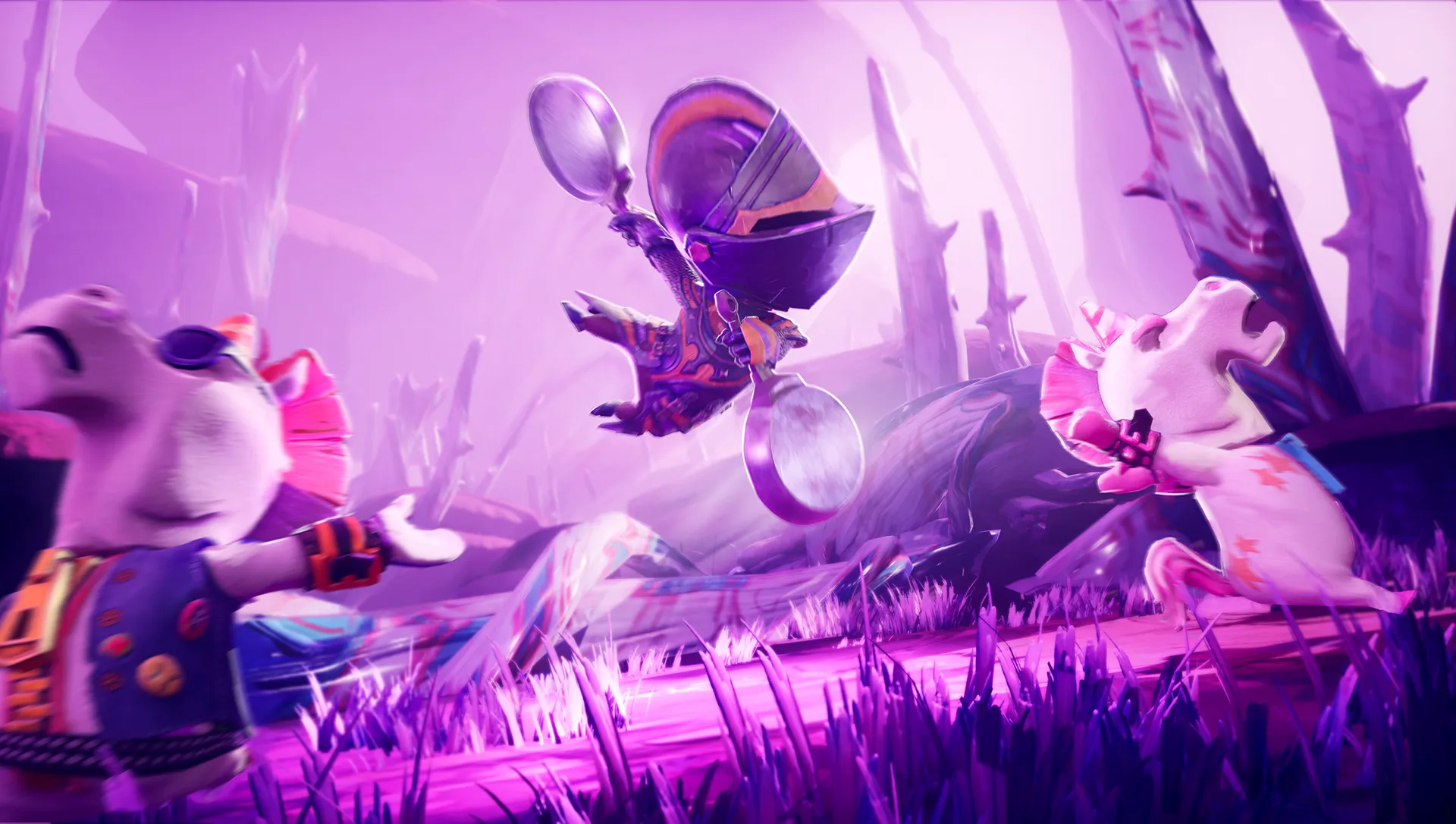 A rogue character in big helmet heroes vidéo game jumping with two ladles toward unicorns in a colorful, magical environment