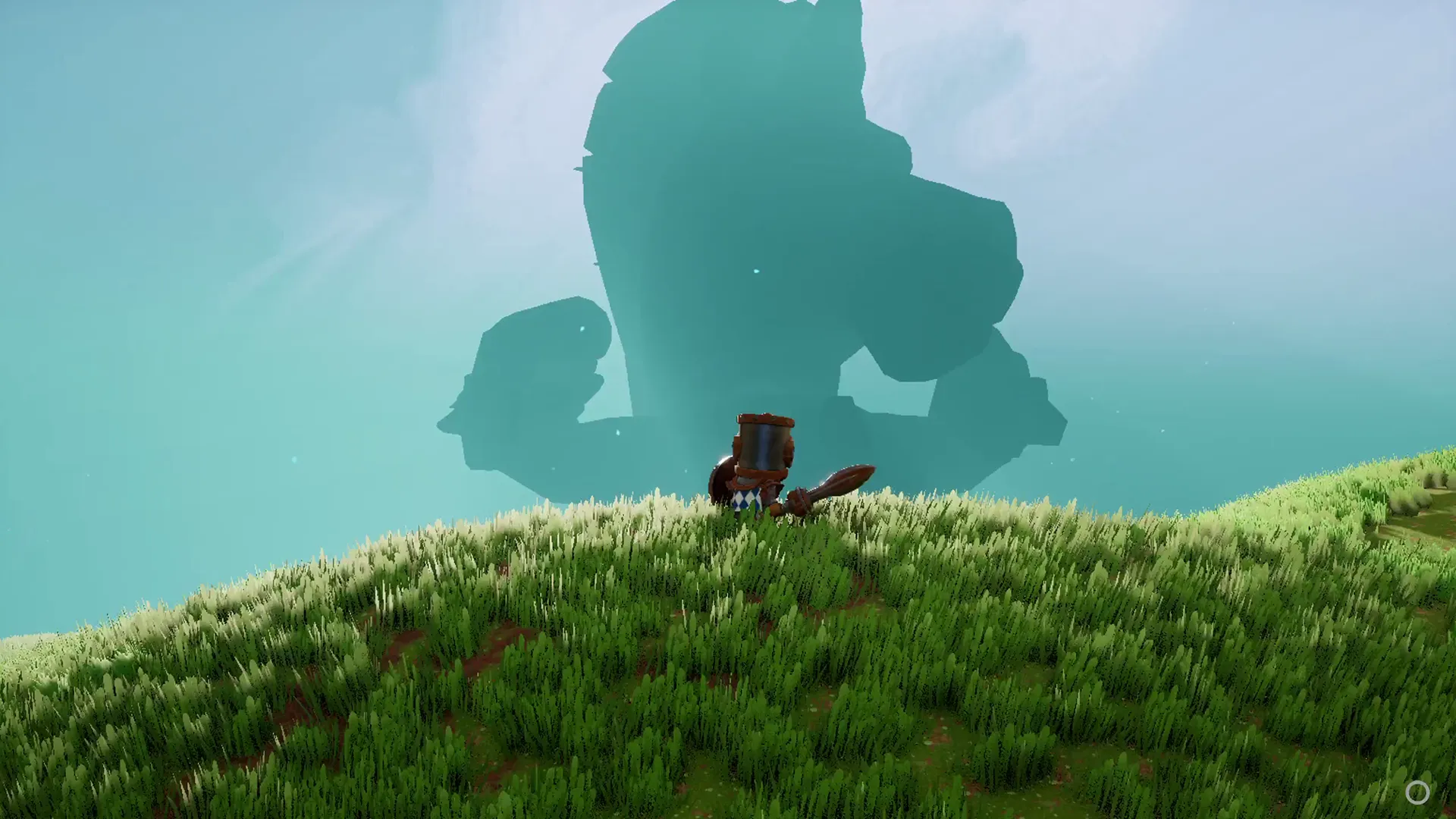 A small warrior in big helmet heroes vidéo game standing on a grassy hill, facing a giant shadow in the misty distance. Game: Big Helmet Heroes.