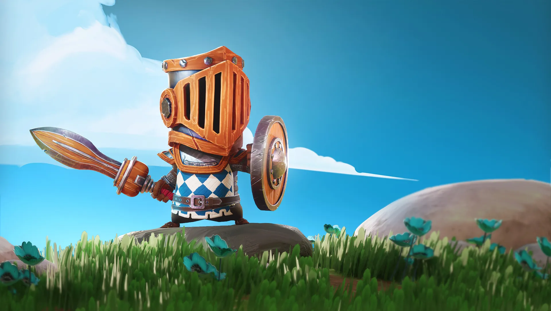 Warrior character in big helmet heroes vidéo game with a large orange helmet and sword, standing on grass under a clear blue sky.